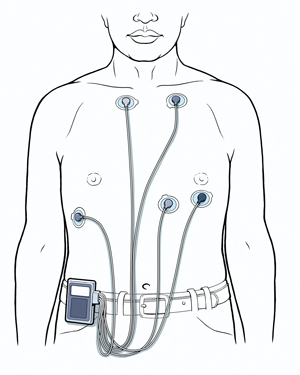 Torso de un hombre que muestra cinco cables de electrocardiograma conectados al pecho y a un monitor Holter sujeto al cinturón.